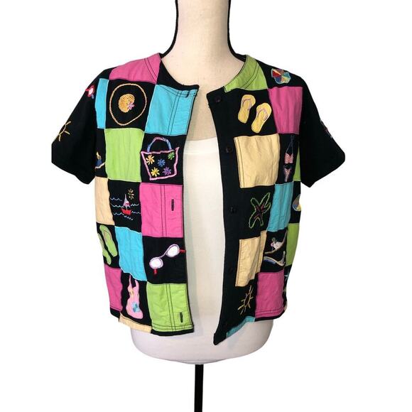Michael Simon Tops - Michael Simon Size M Shirt Embroidered Patchwork Color Block Summer Beach Black